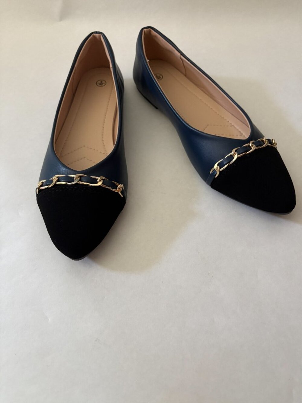 Navy and Black Gold Chain Embellished Pointy Ballet Flats Size 9